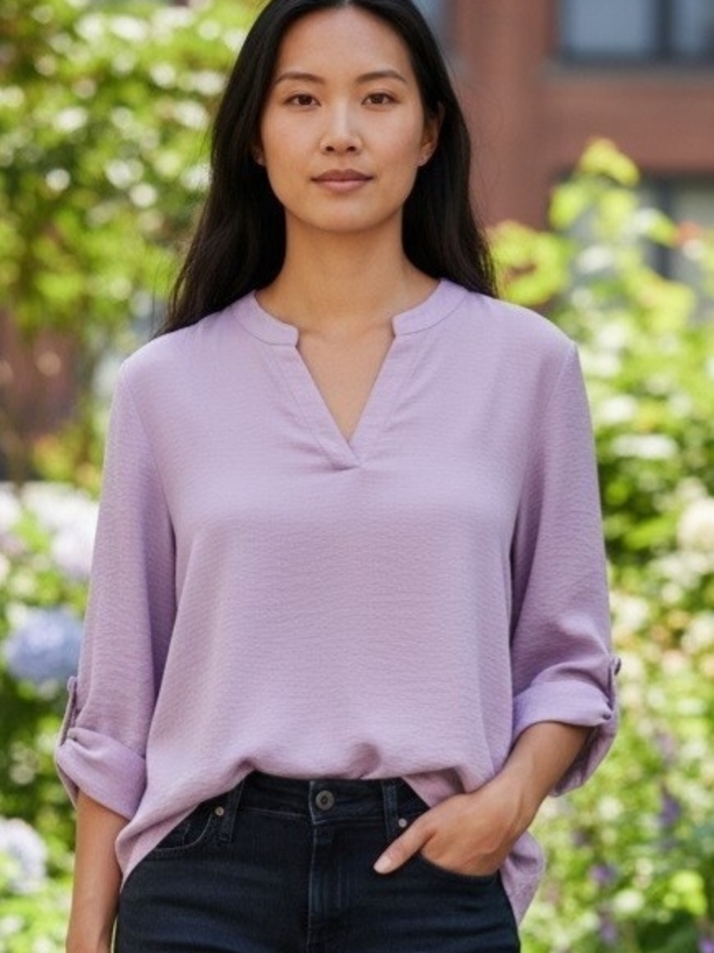 Lilac Split-Neck Women’s Blouse - Dear Scarlett - Picture 1 of 2